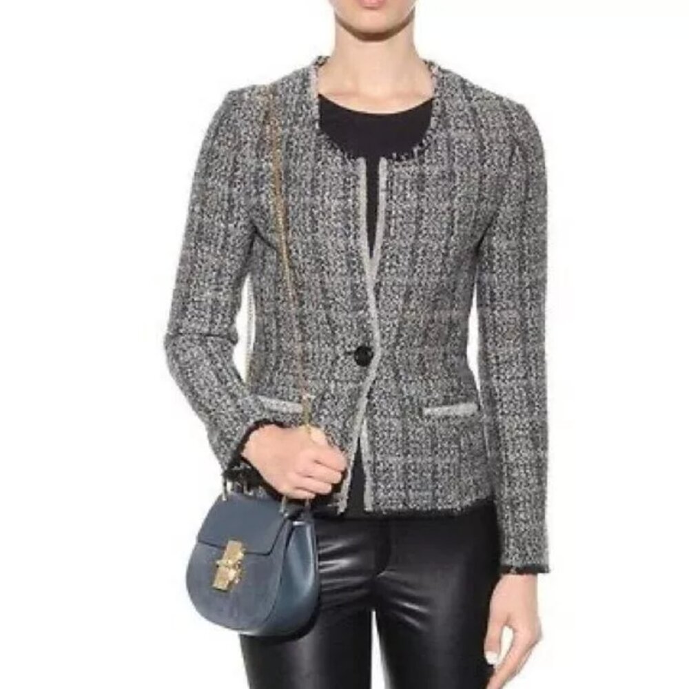 Isabel Marant Etoile Wool Linen Blend Single Button Tweed Blazer Grey-NWOT- M/40